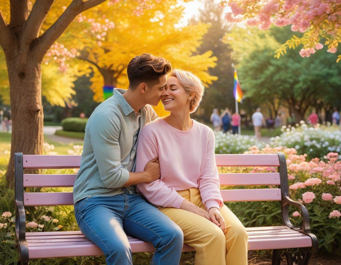 A warm, cozy scene of two queer individuals sharing a tender moment on a park bench, surrounded by soft pastel colors and blooming flowers. The background features a rainbow flag subtly waving in the breeze, symbolizing pride and support. Golden sunlight filters through trees, creating a serene atmosphere that emphasizes love and connection. The characters are depicted with a joyful expression, showcasing intimacy and acceptance. vibrant colors. soft focus.