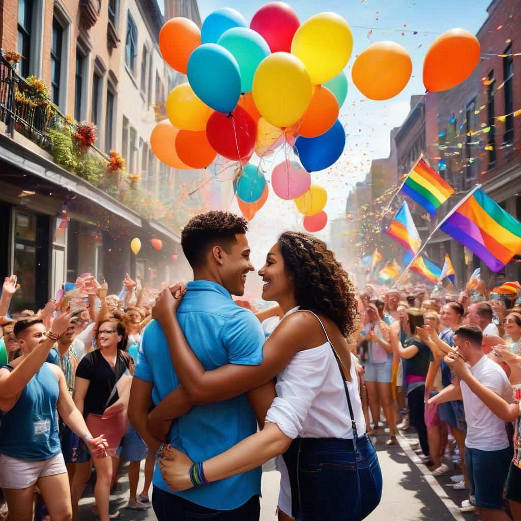A vibrant street scene during a pride parade, filled with diverse couples of all identities embracing, holding hands, and sharing joyful moments. Colorful flags and banners flutter in the background, with confetti and balloons adding to the festive atmosphere. The atmosphere should radiate warmth and love, emphasizing connection and celebration. super-realistic. vibrant colors. dynamic composition.