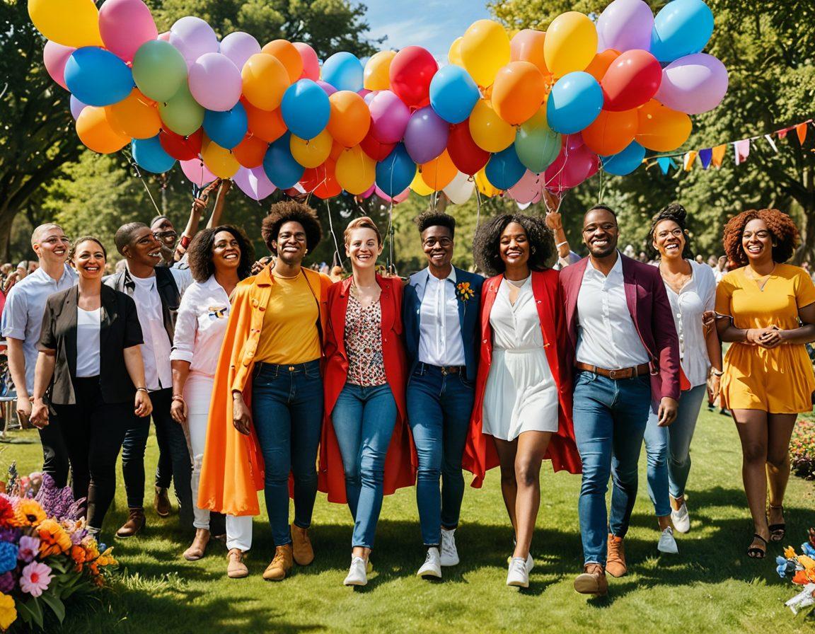 A vibrant gathering of diverse couples celebrating love in the LGBTQ+ community, filled with colors of the rainbow, joy, and laughter. Show people of various backgrounds holding hands, wearing pride flags as capes, surrounded by hearts and flowers. The scene should be set in a sunny park with balloons and banners that exude happiness and acceptance. Illustrate a sense of warmth and connection. super-realistic. vibrant colors. upbeat atmosphere.